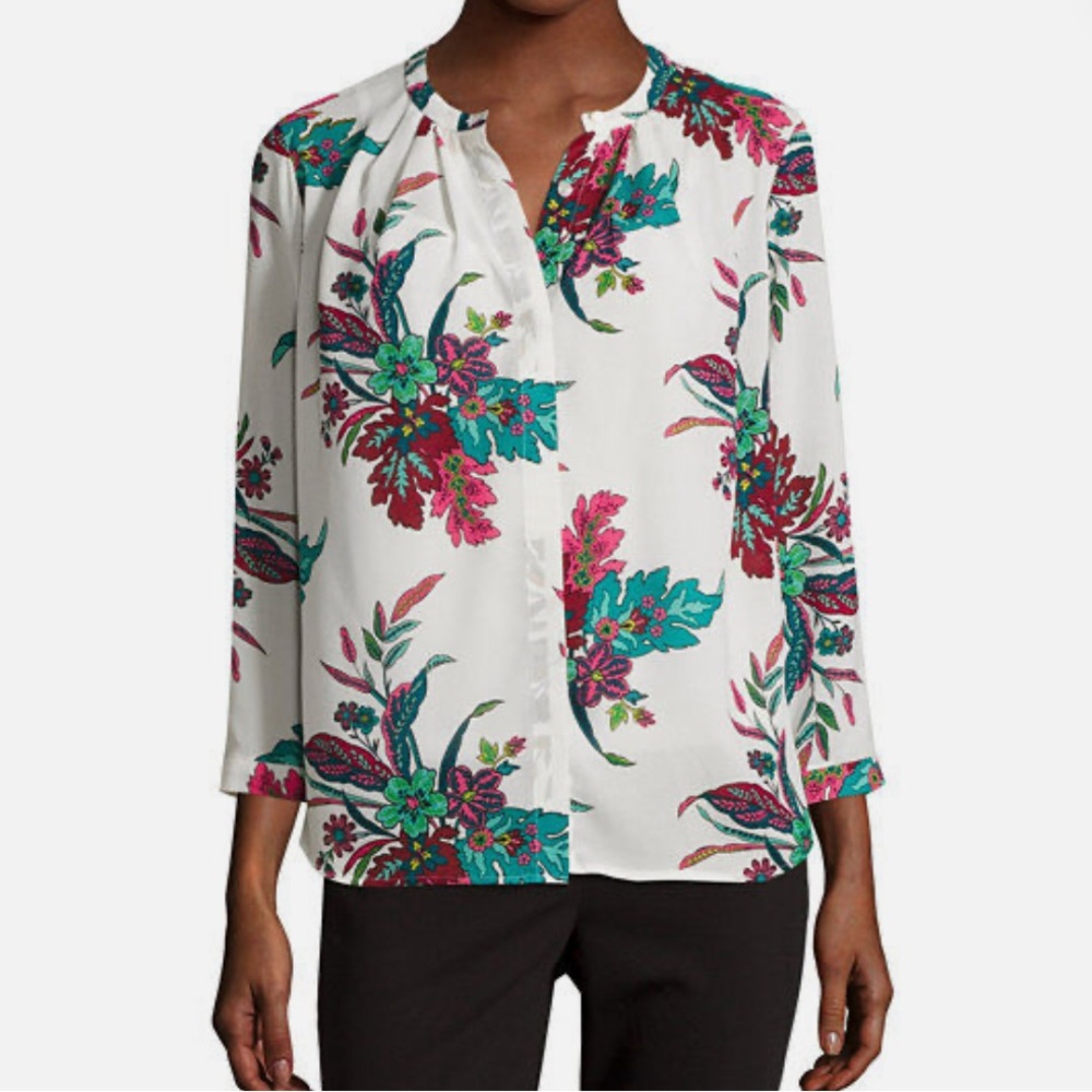 Liz Claiborne Pink and White Buttoned Blouse with Mandarin Collar - Picture 3 of 4